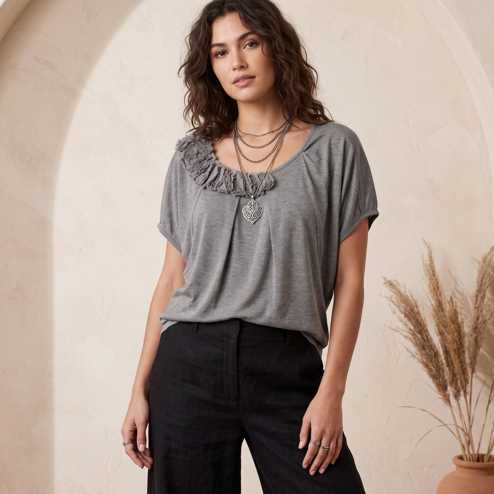 Ana Gray Ruffle Neck Dolman Top PL Fairy Grunge Whimsigoth Rosette Pleated Tee